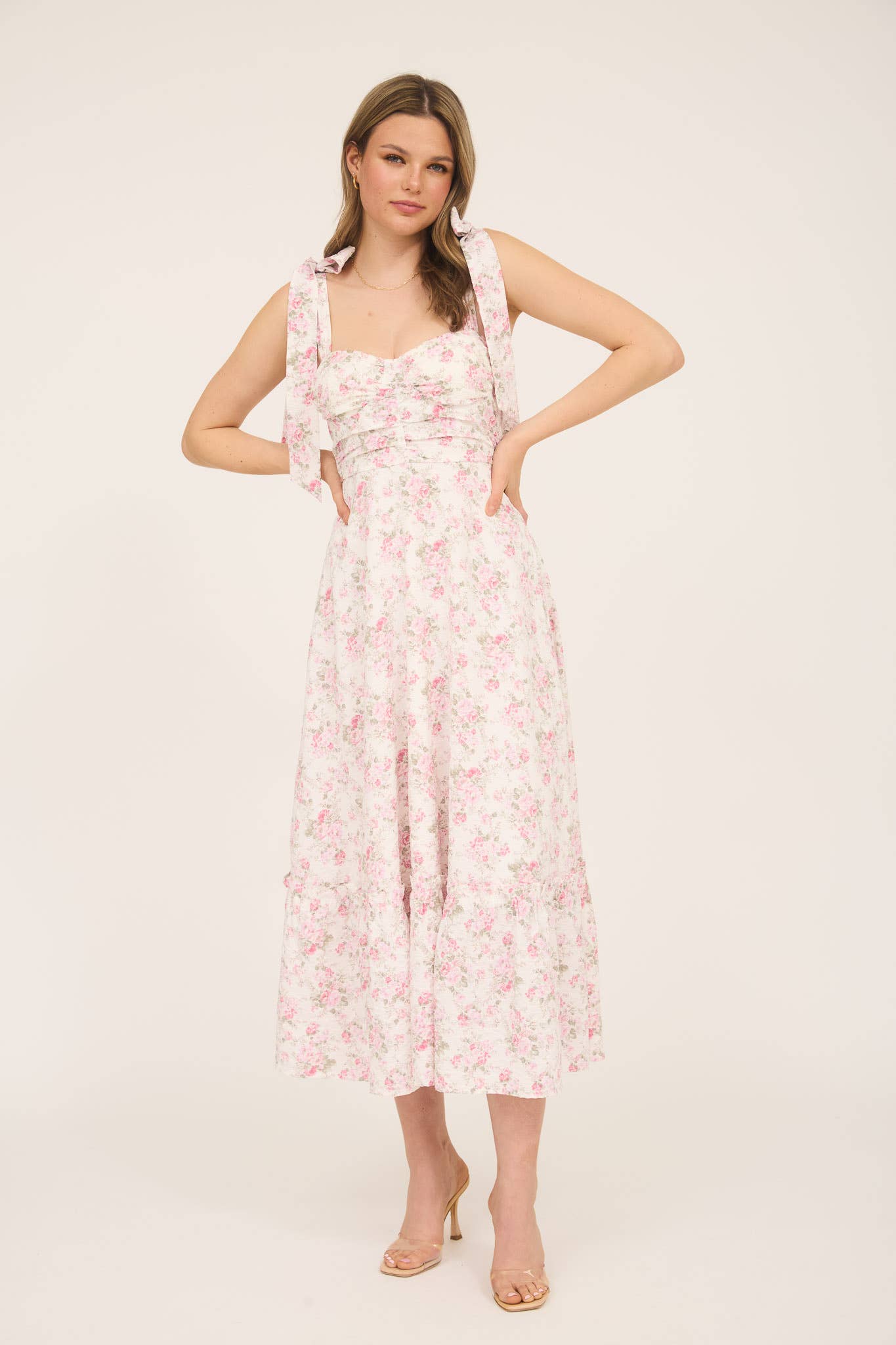 FLORAL TIE STRAP RUCHED DETAIL MAXI DRESS