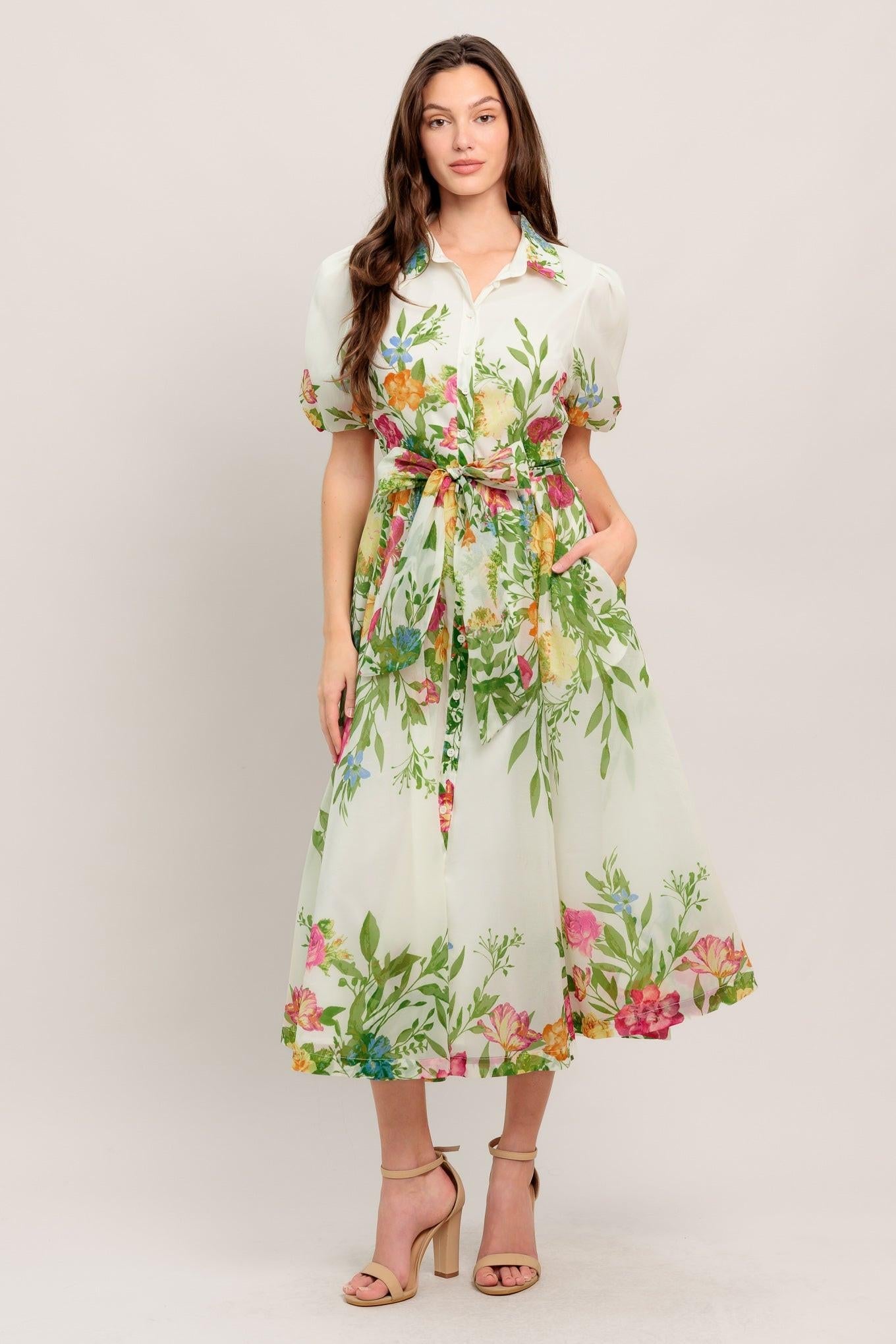 FRESH BLOSSOM IVORY WOVEN MIDI DRESS