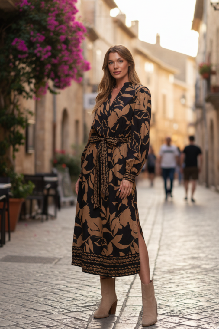 AUTUMN LEAF WOVEN MIDI DRESS