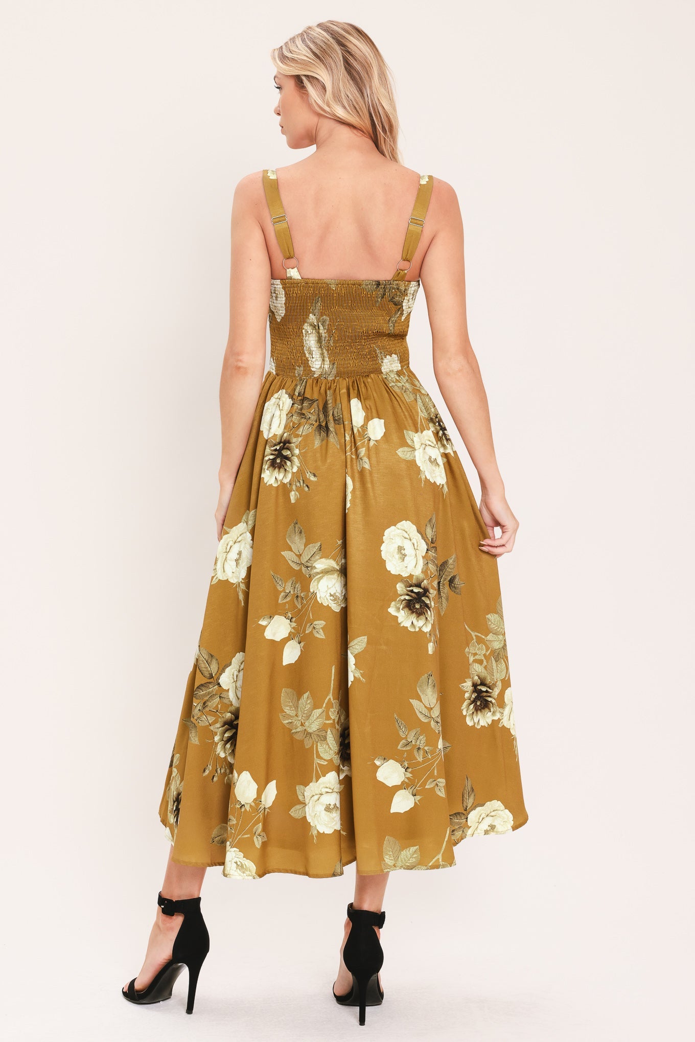 MUSTARD ROSETTE MELODY WOVEN MIDI DRESS