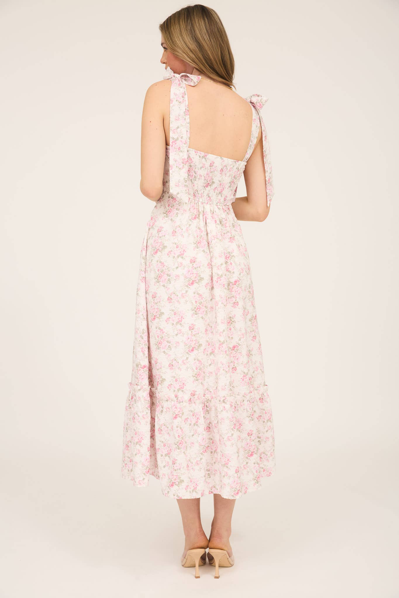 FLORAL TIE STRAP RUCHED DETAIL MAXI DRESS
