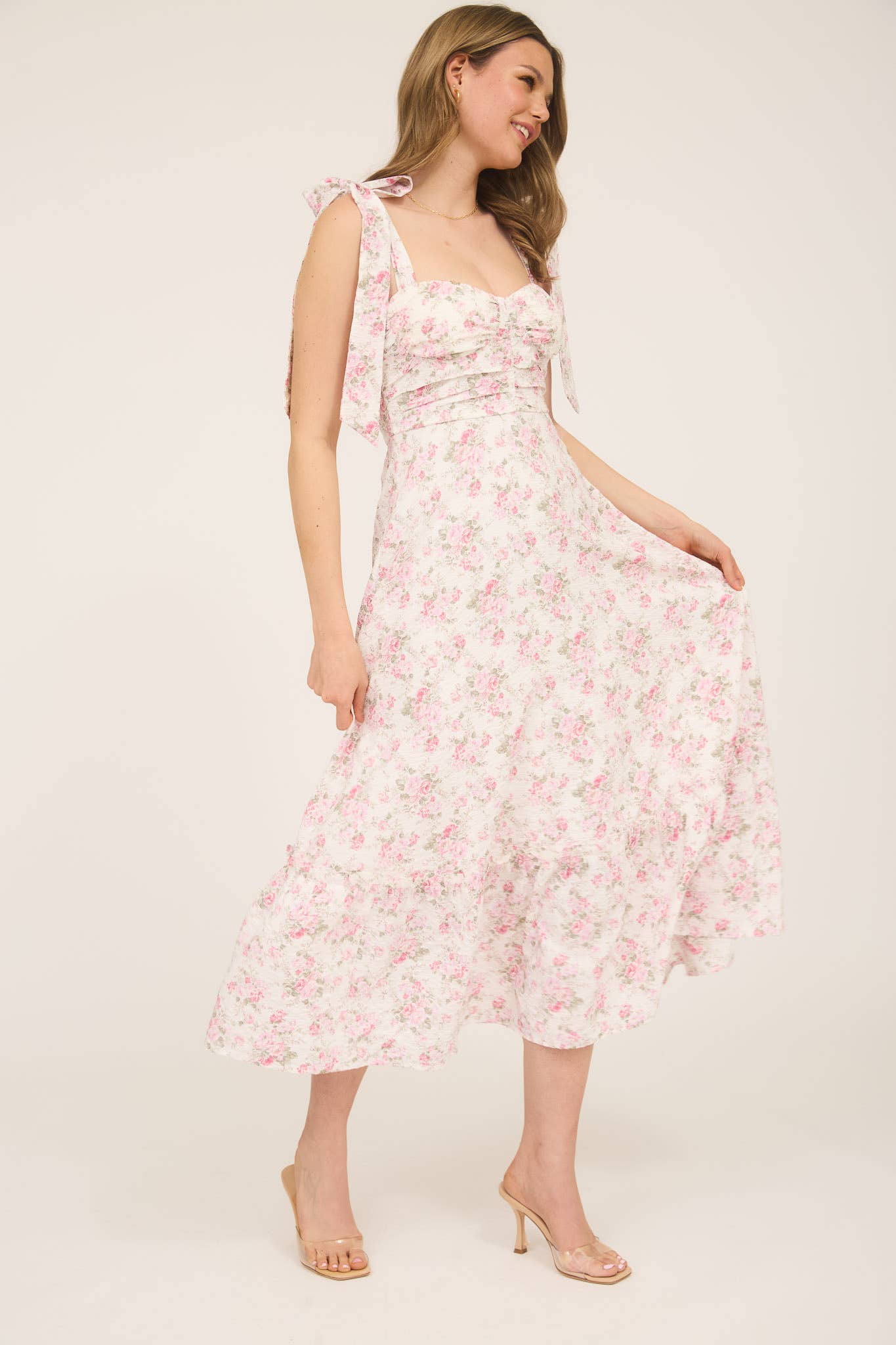 FLORAL TIE STRAP RUCHED DETAIL MAXI DRESS