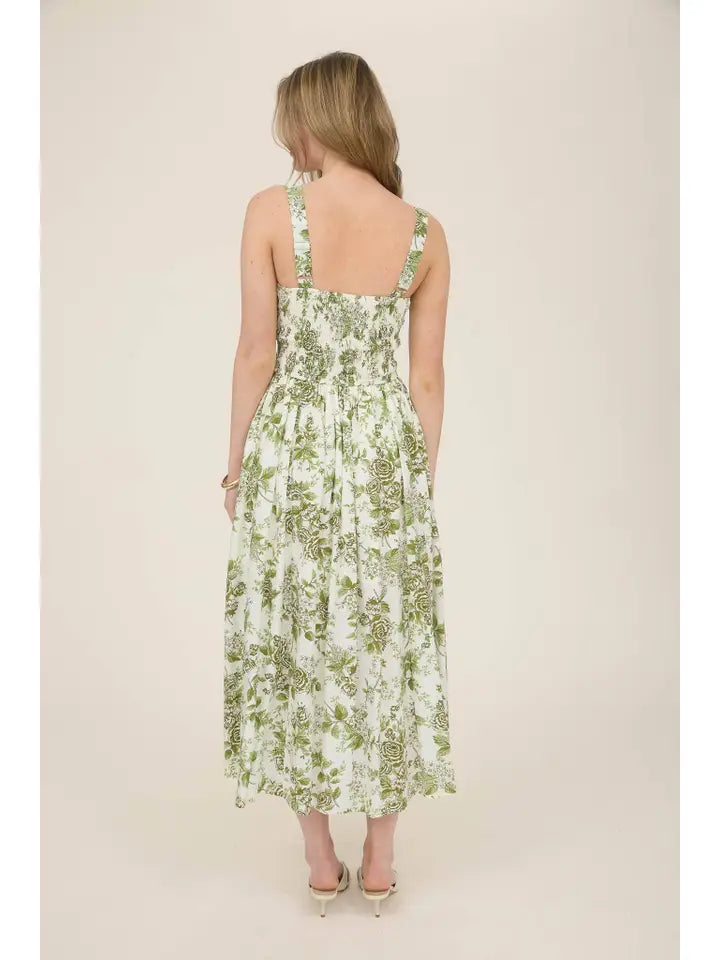 Rose Print Sleeveless Corset Detail Midi Dress