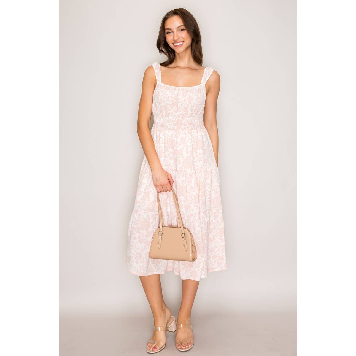PINKY FLOWERS LINED MIDI DRESS