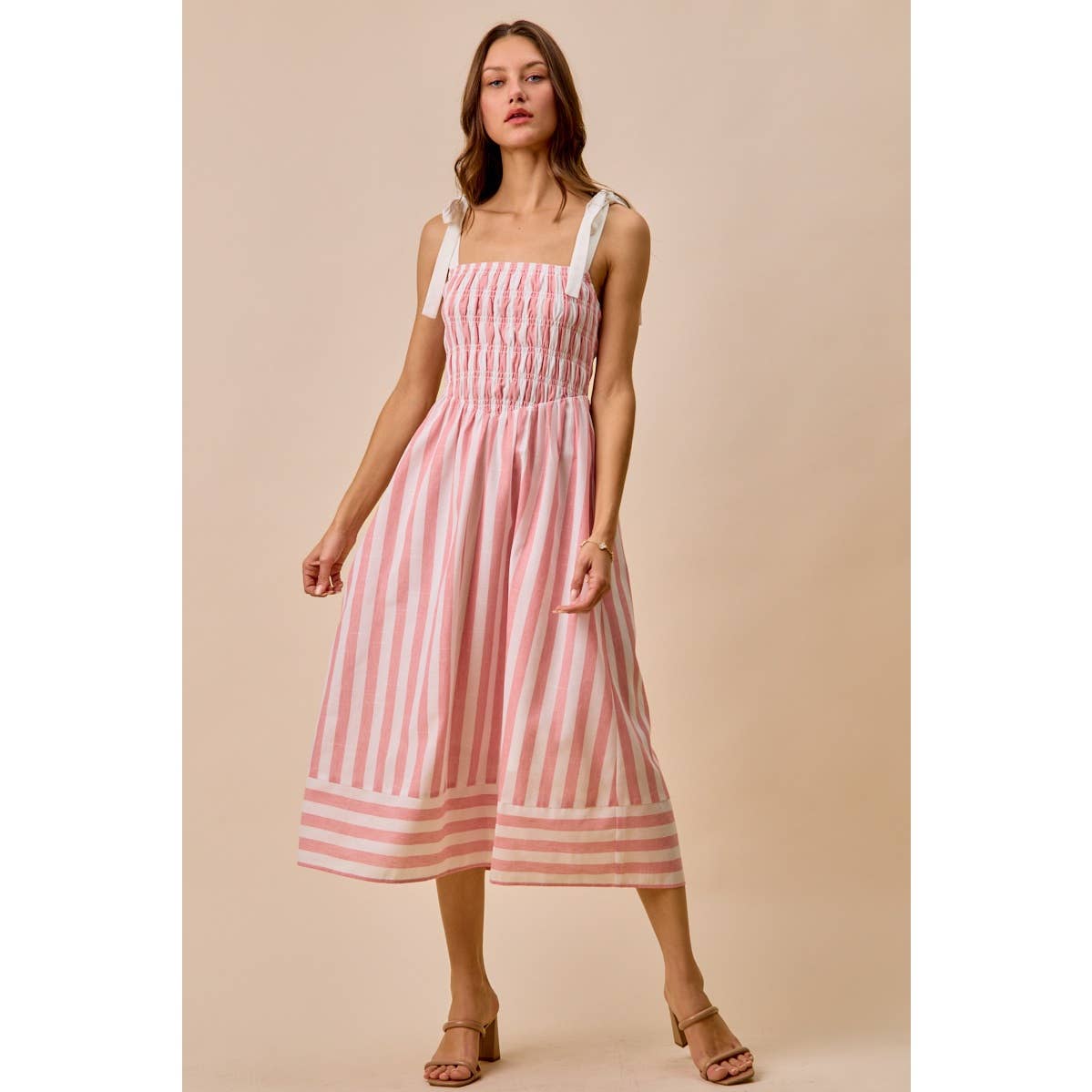 STRIPE LINEN BLEND MIDI DRESS WITH SMOCKED DETAIL