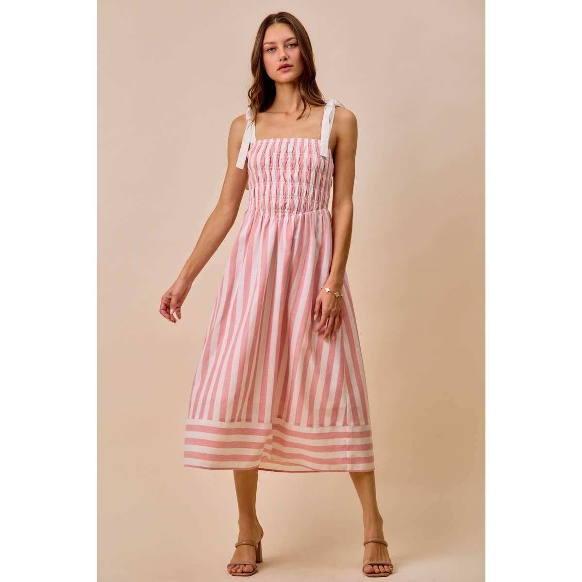 STRIPE LINEN BLEND MIDI DRESS WITH SMOCKED DETAIL