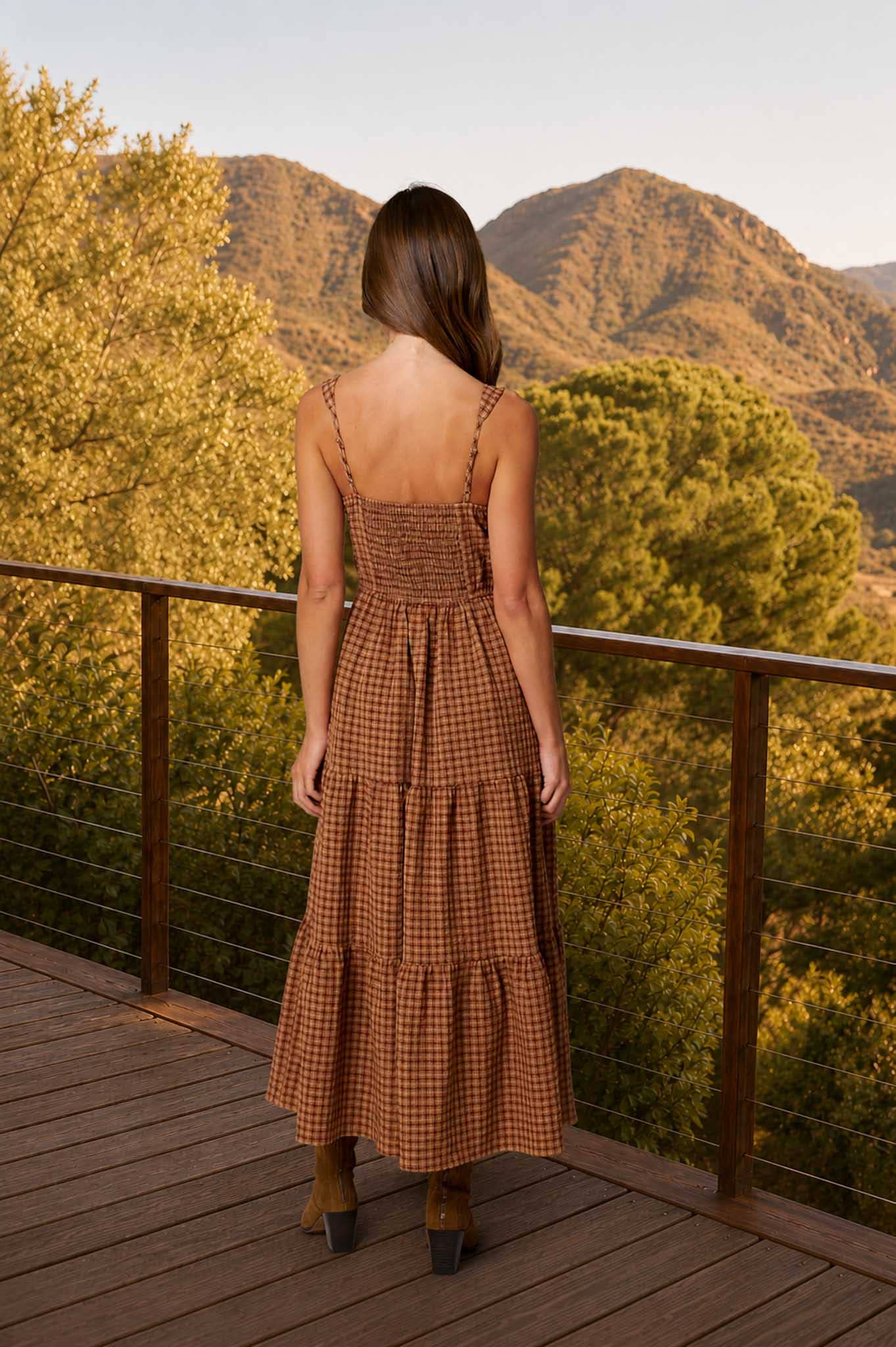 PLAID CORSET DETAIL FRONT TIE TIERED MIDI DRESS