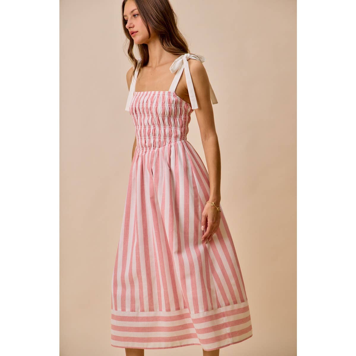 STRIPE LINEN BLEND MIDI DRESS WITH SMOCKED DETAIL