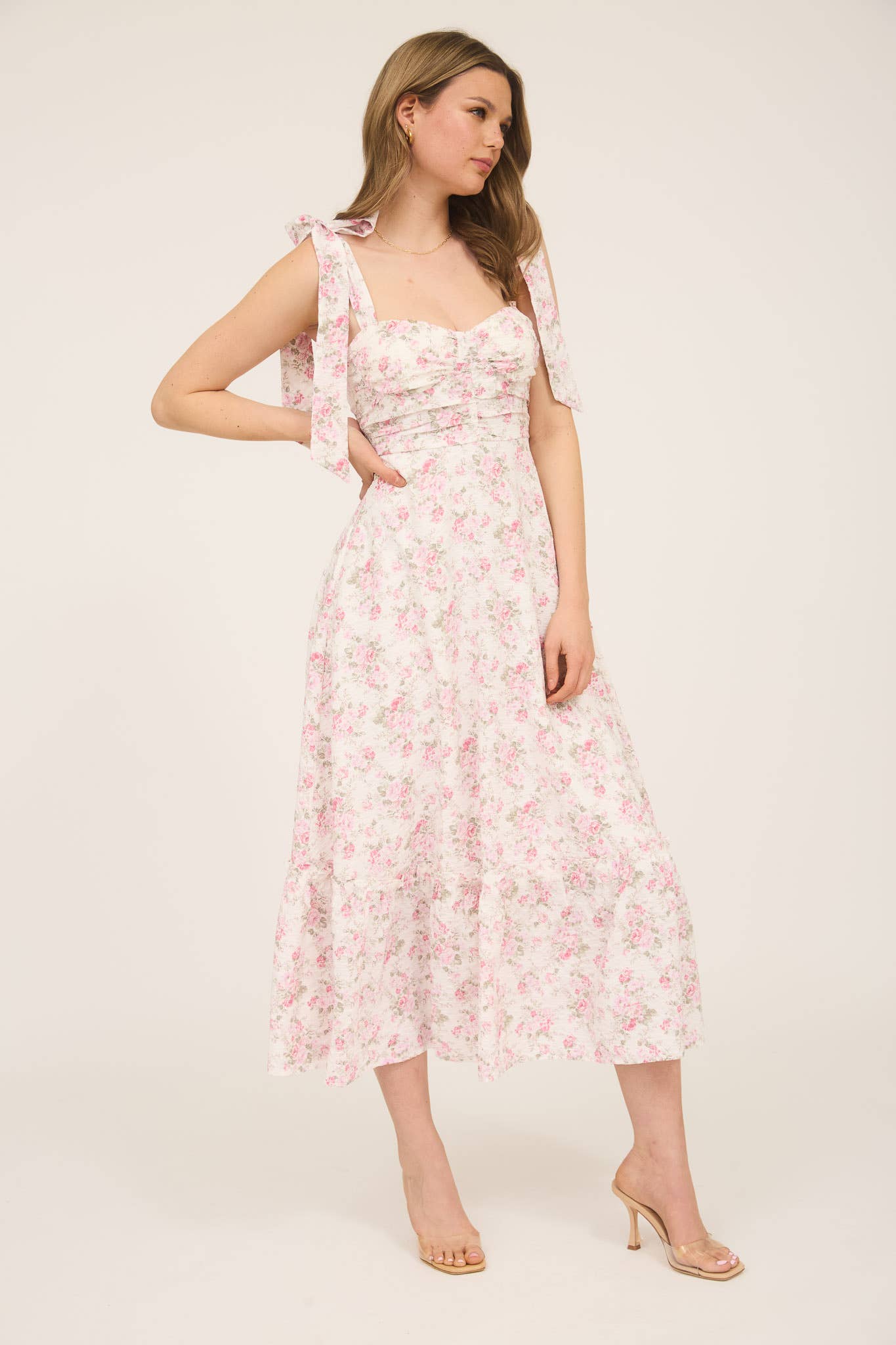 FLORAL TIE STRAP RUCHED DETAIL MAXI DRESS
