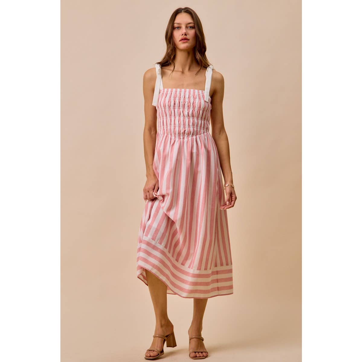 STRIPE LINEN BLEND MIDI DRESS WITH SMOCKED DETAIL