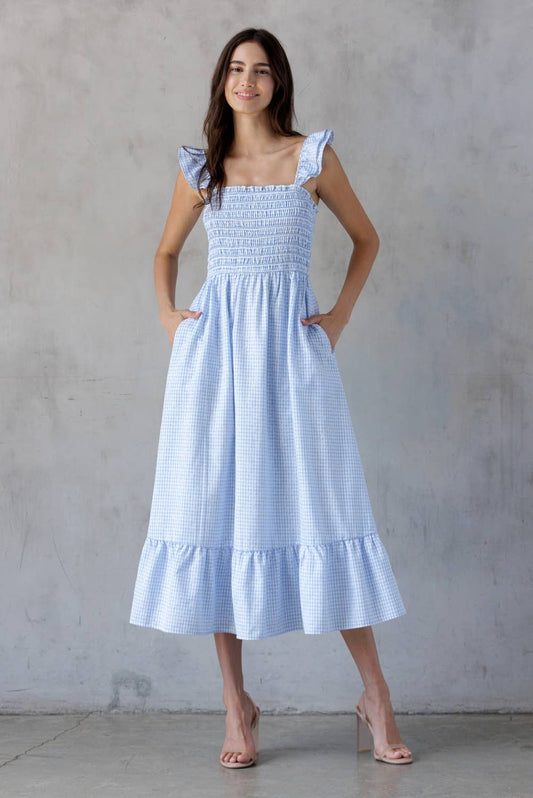 A BLUE GINGHAM SMOCKED BODICE MIDI DRESS