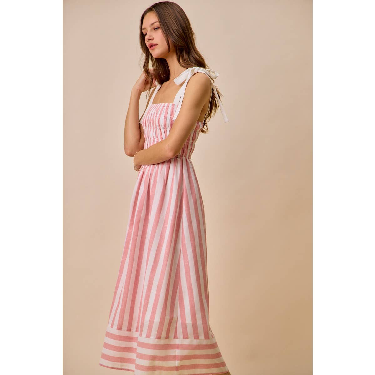 STRIPE LINEN BLEND MIDI DRESS WITH SMOCKED DETAIL
