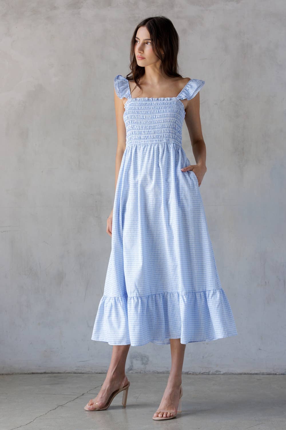 A BLUE GINGHAM SMOCKED BODICE MIDI DRESS