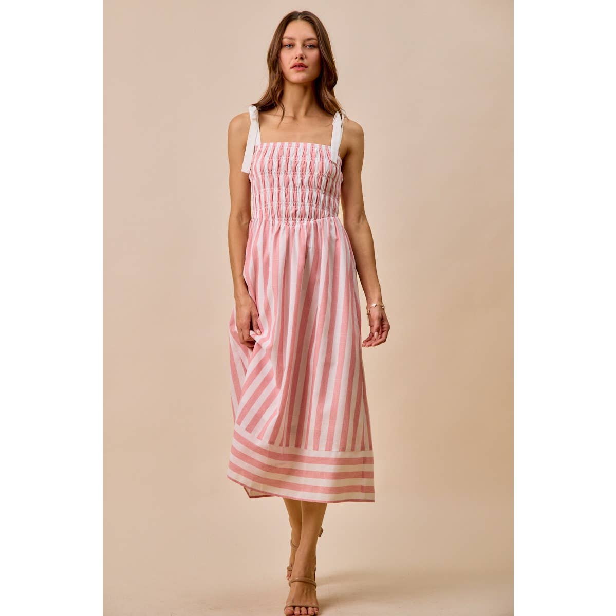 STRIPE LINEN BLEND MIDI DRESS WITH SMOCKED DETAIL