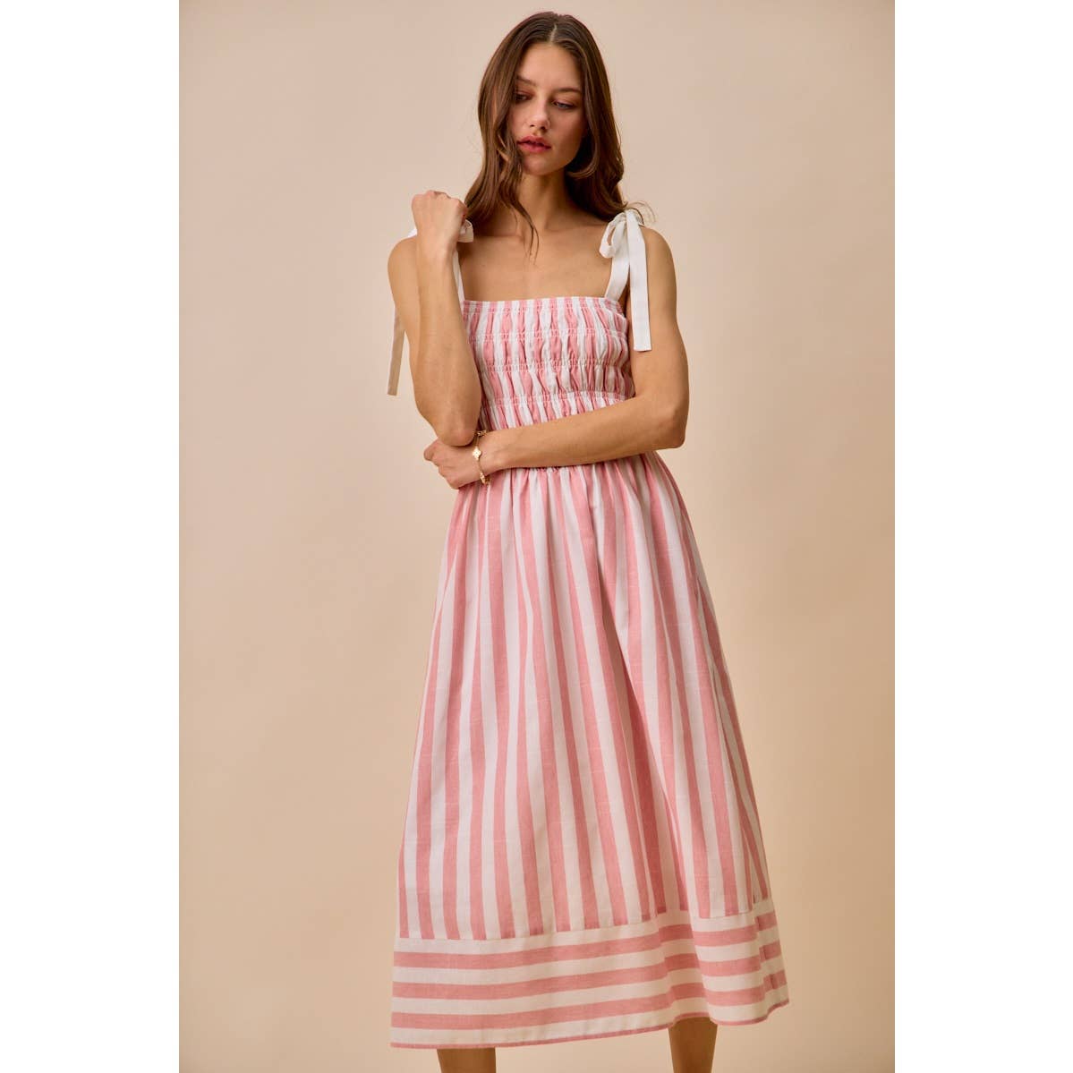 STRIPE LINEN BLEND MIDI DRESS WITH SMOCKED DETAIL