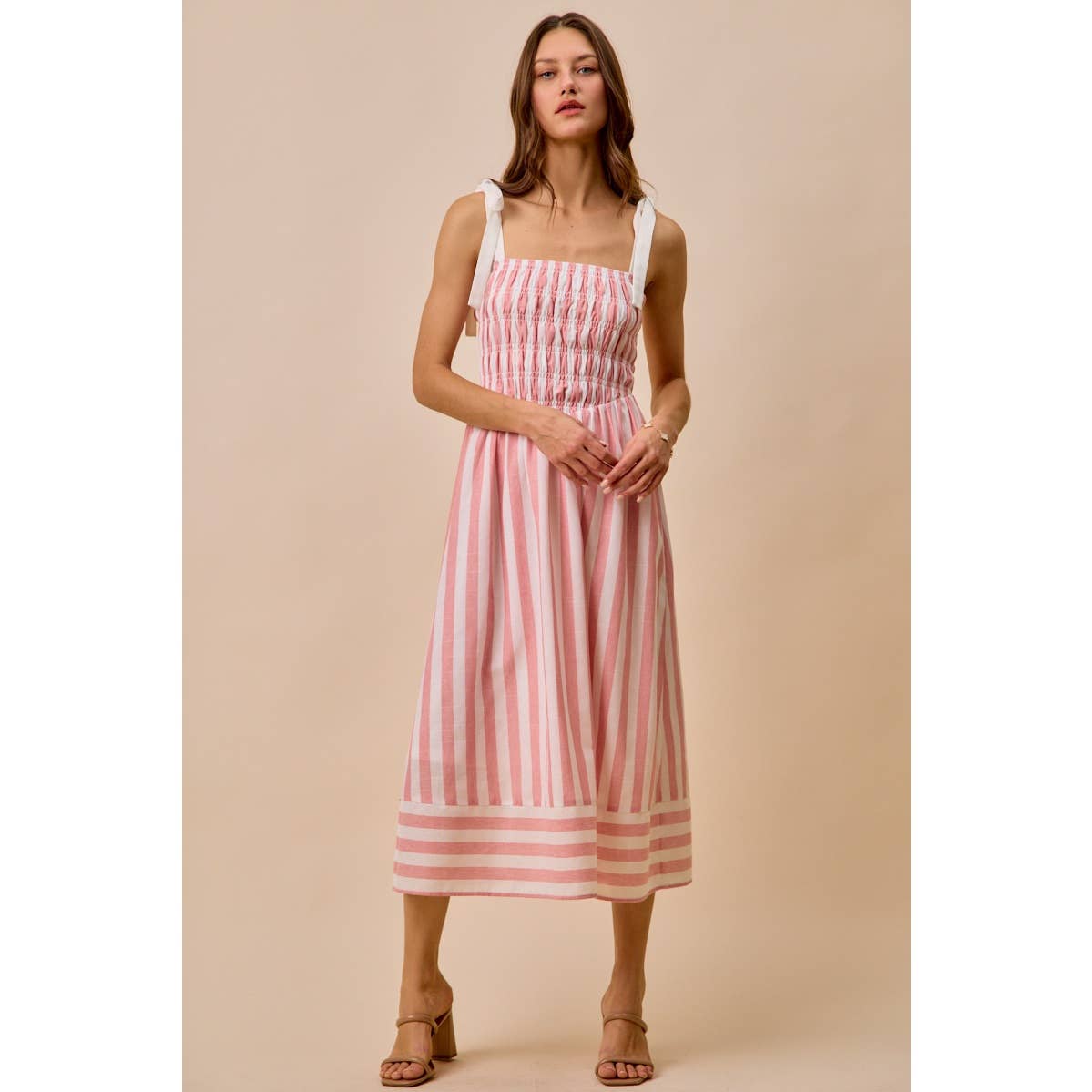 STRIPE LINEN BLEND MIDI DRESS WITH SMOCKED DETAIL