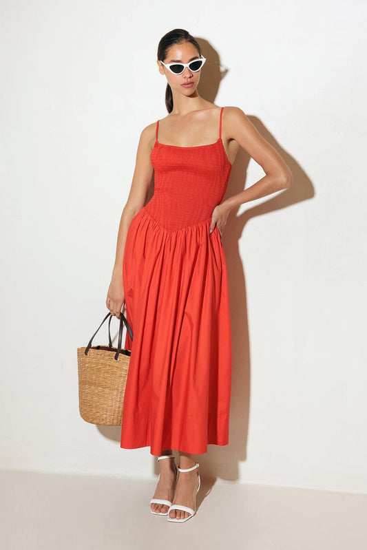 MOVE WITH INTENTION RED WOVEN MIDI DRESS