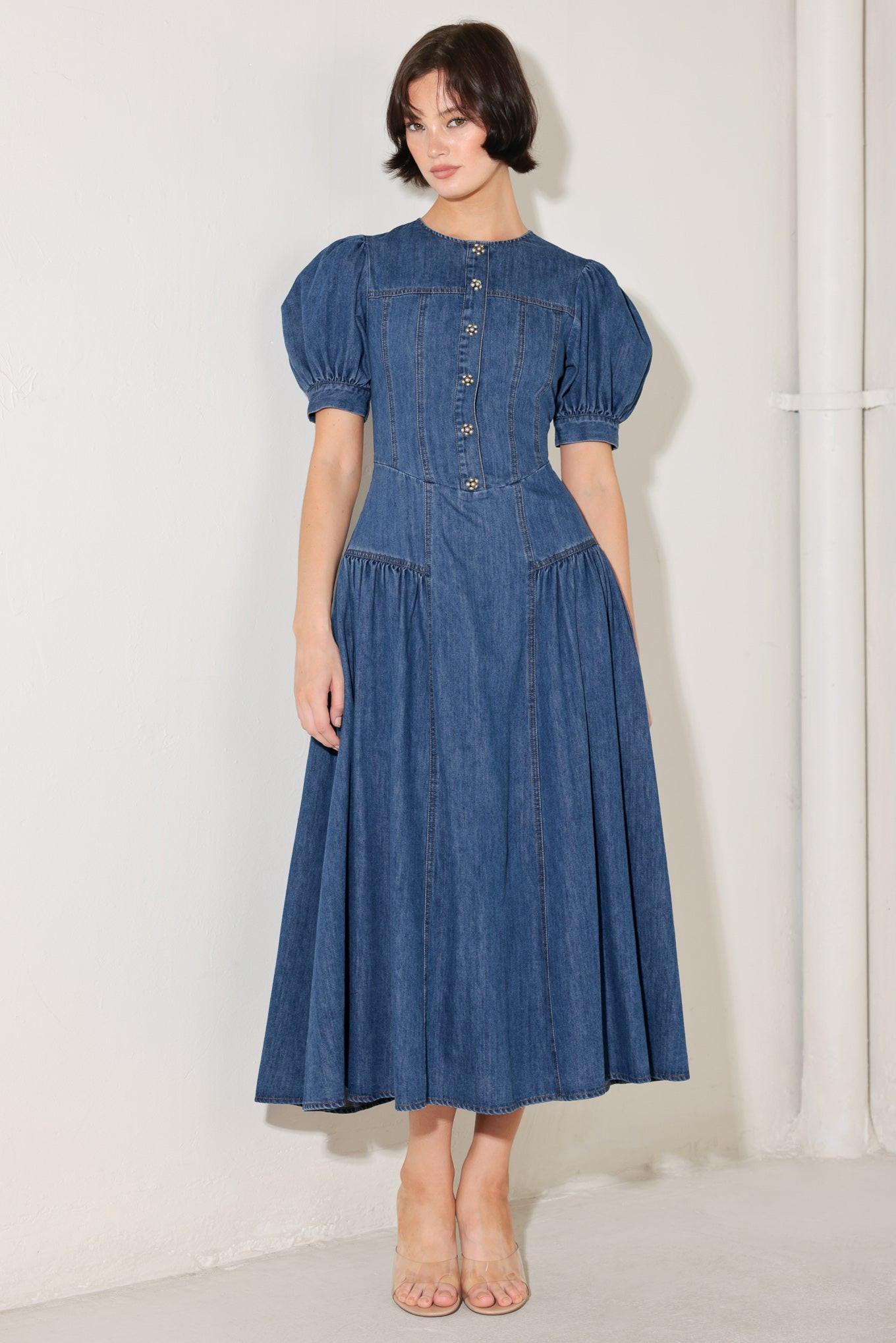 MIDDAY IN BLUE DENIM MIDI DRESS