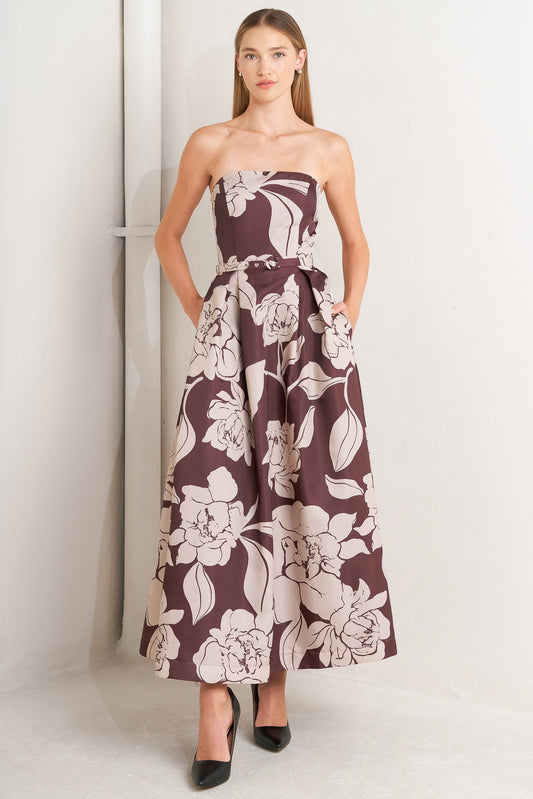 VINTAGE BLOOM STRAPLESS WOVEN MIDI DRESS