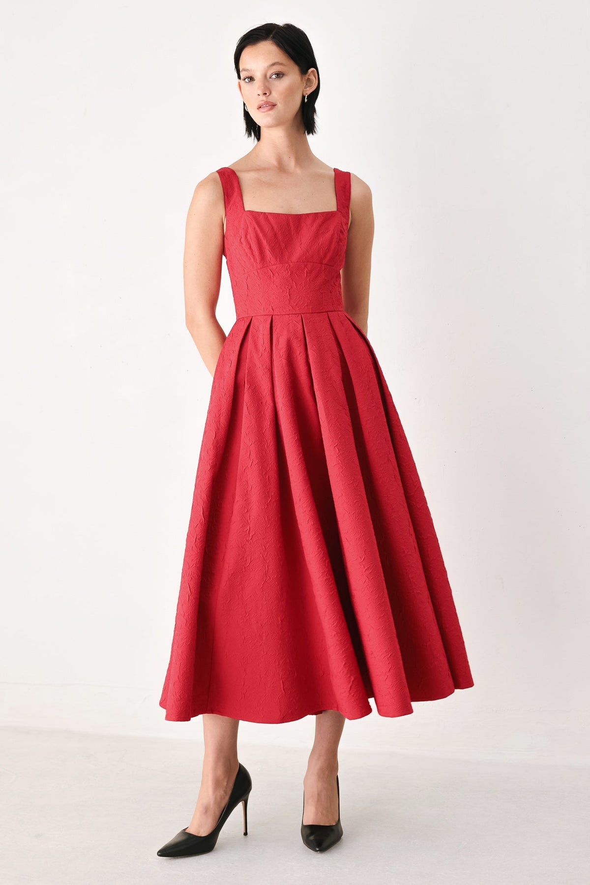 TIMELESS ROMANCE RED/WHITE FULL-SKIRT MIDI DRESS