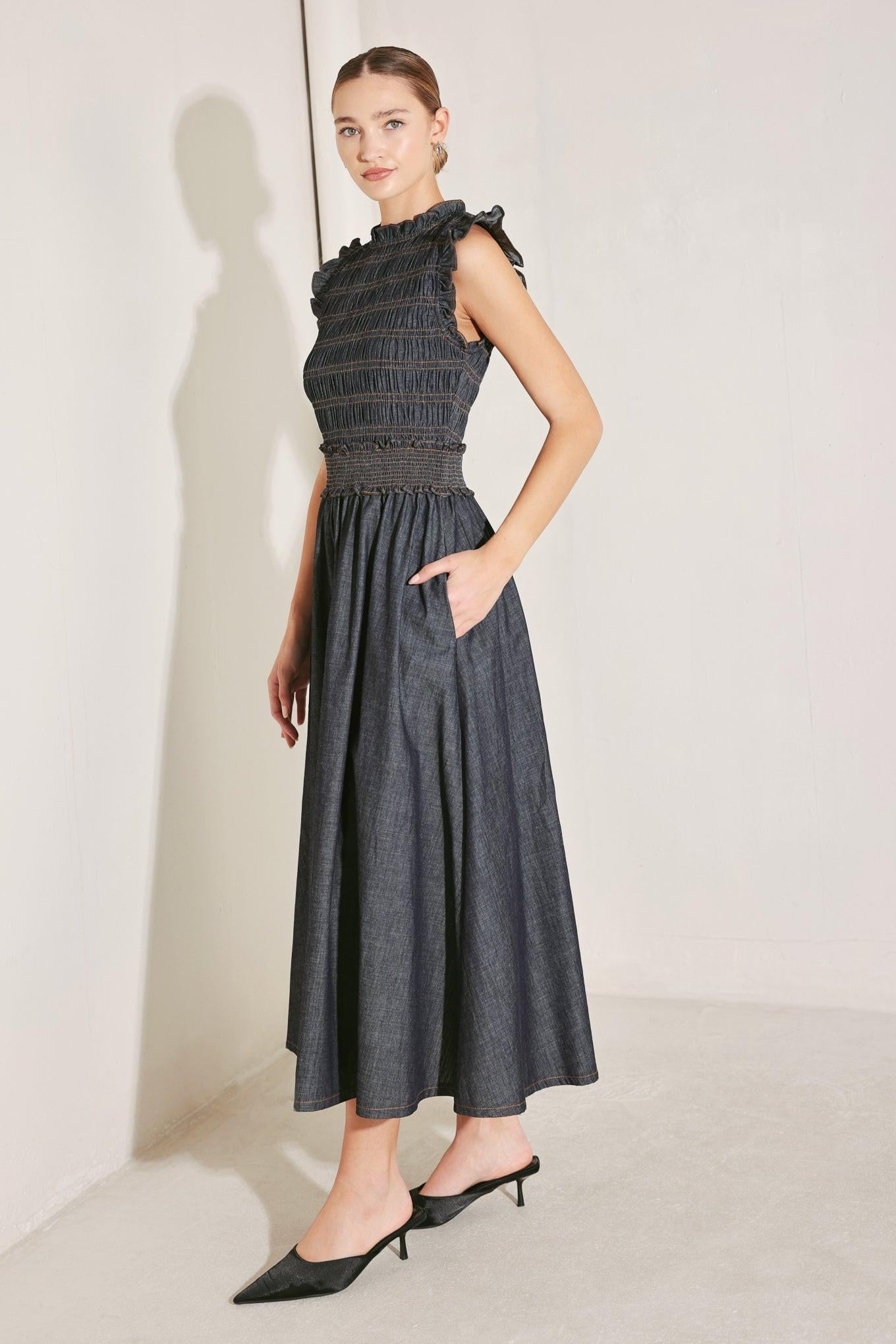ROMANTIC REVERIE DENIM MIDI DRESS