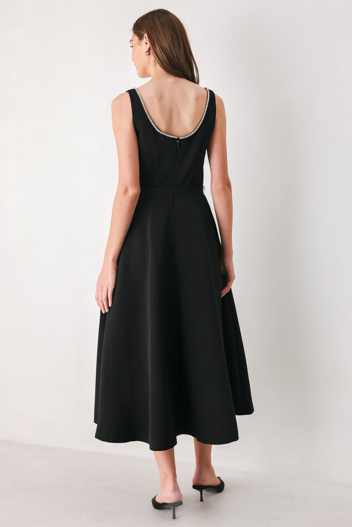 JEWELED NOIR BLACK EMBELLISHED BELTED MIDI DRESS