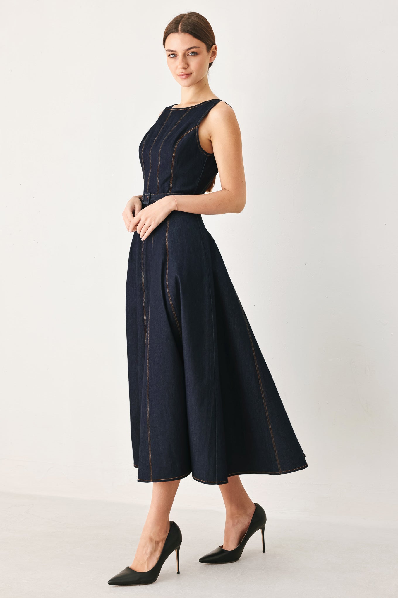 TAILORED STITCH DENIM MIDI DRESS