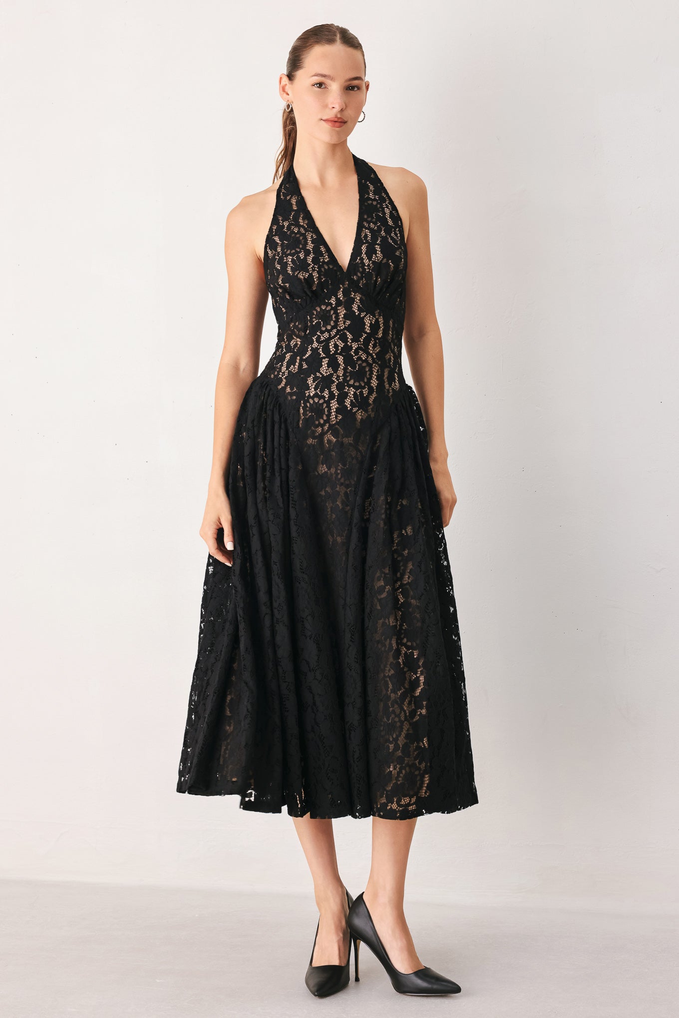 MIDNIGHT GARDEN HALTER WOVEN LACE MIDI DRESS