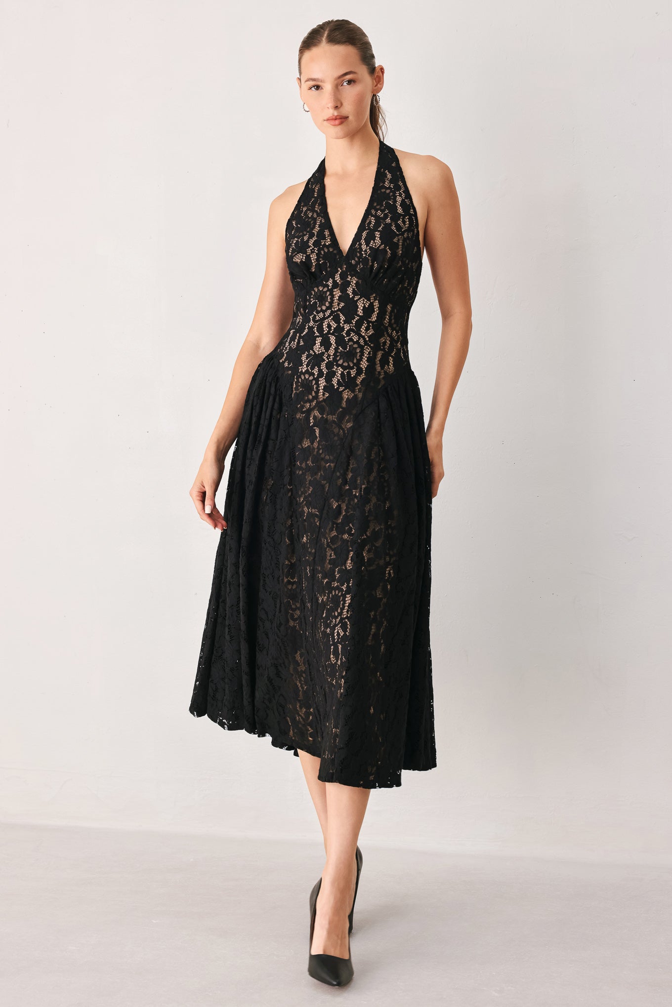 MIDNIGHT GARDEN HALTER WOVEN LACE MIDI DRESS
