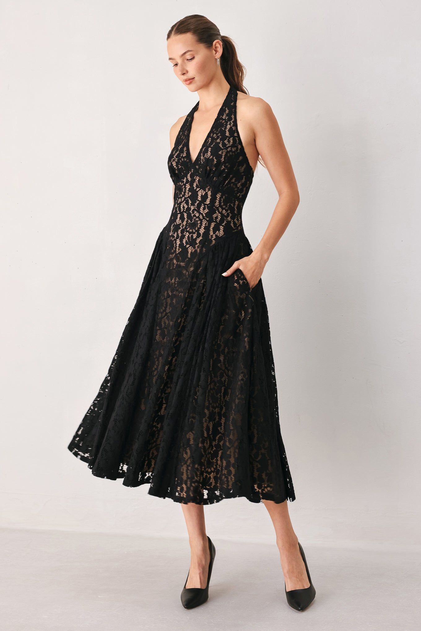 MIDNIGHT GARDEN HALTER WOVEN LACE MIDI DRESS