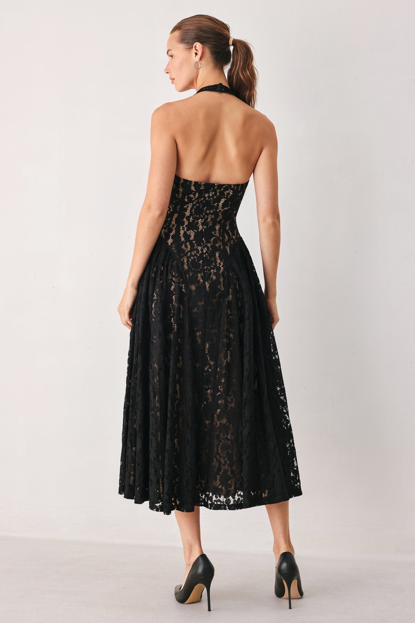 MIDNIGHT GARDEN HALTER WOVEN LACE MIDI DRESS