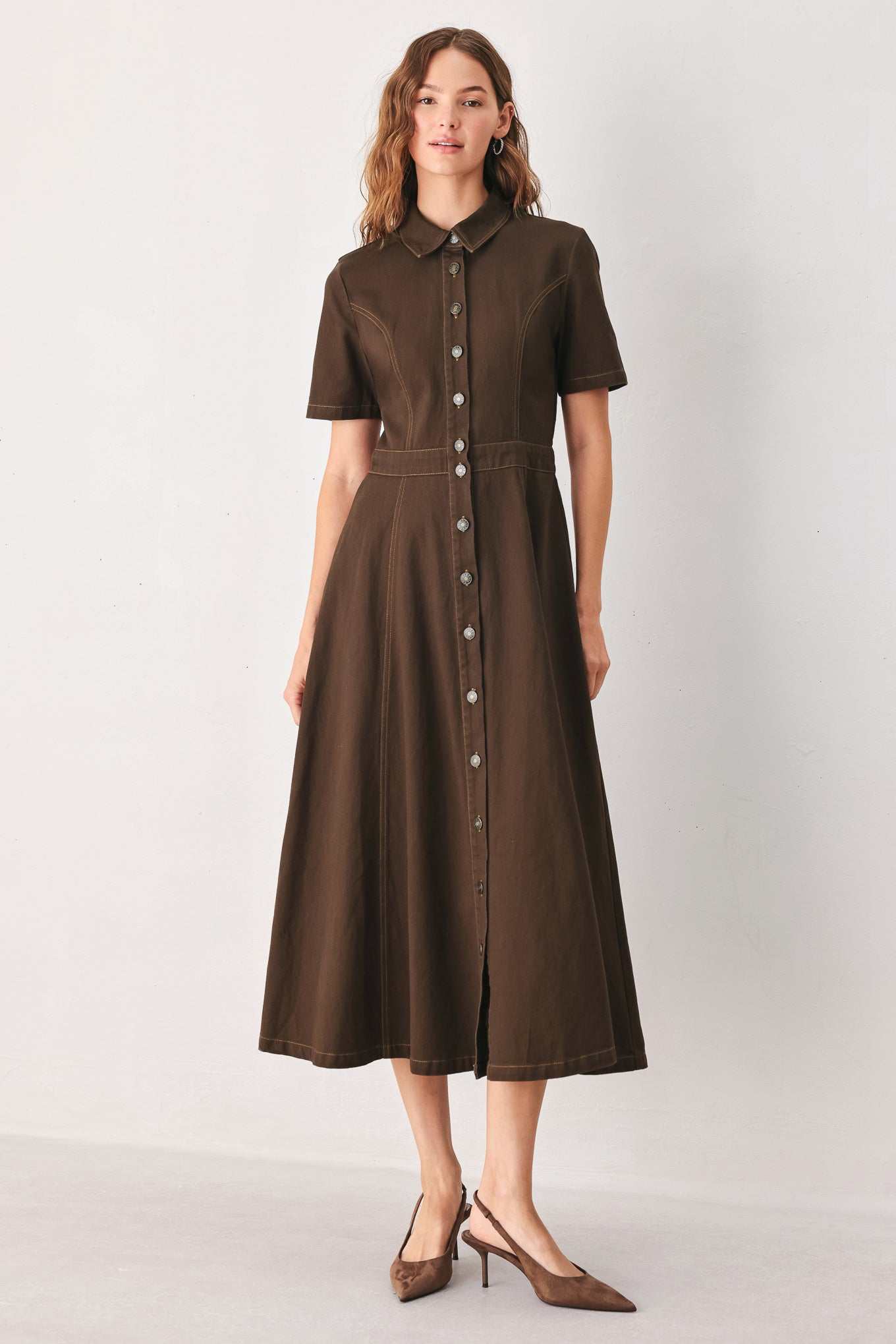 BARK BROWN VINTAGE WOVEN MIDI DRESS