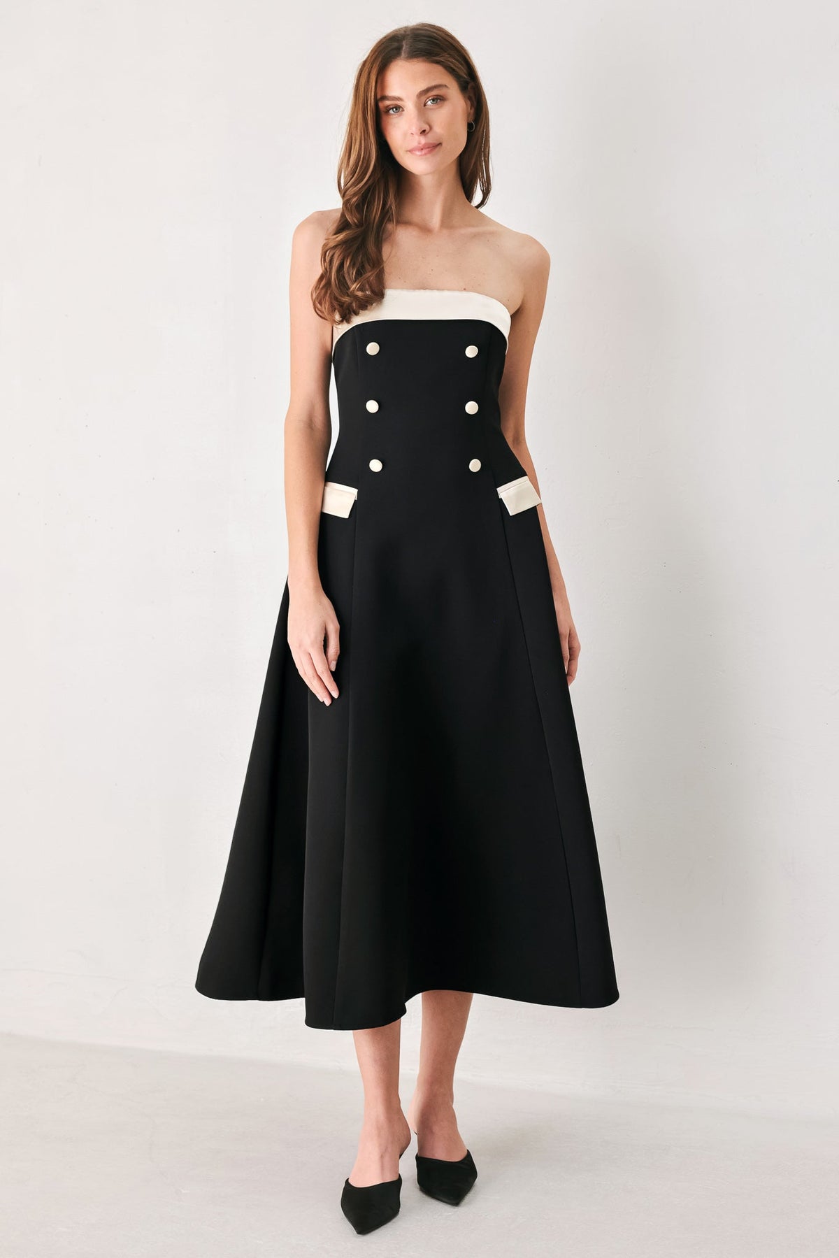 PARISIAN POISE BLACK/CREAM STRAPLESS BUTTON MIDI DRESS