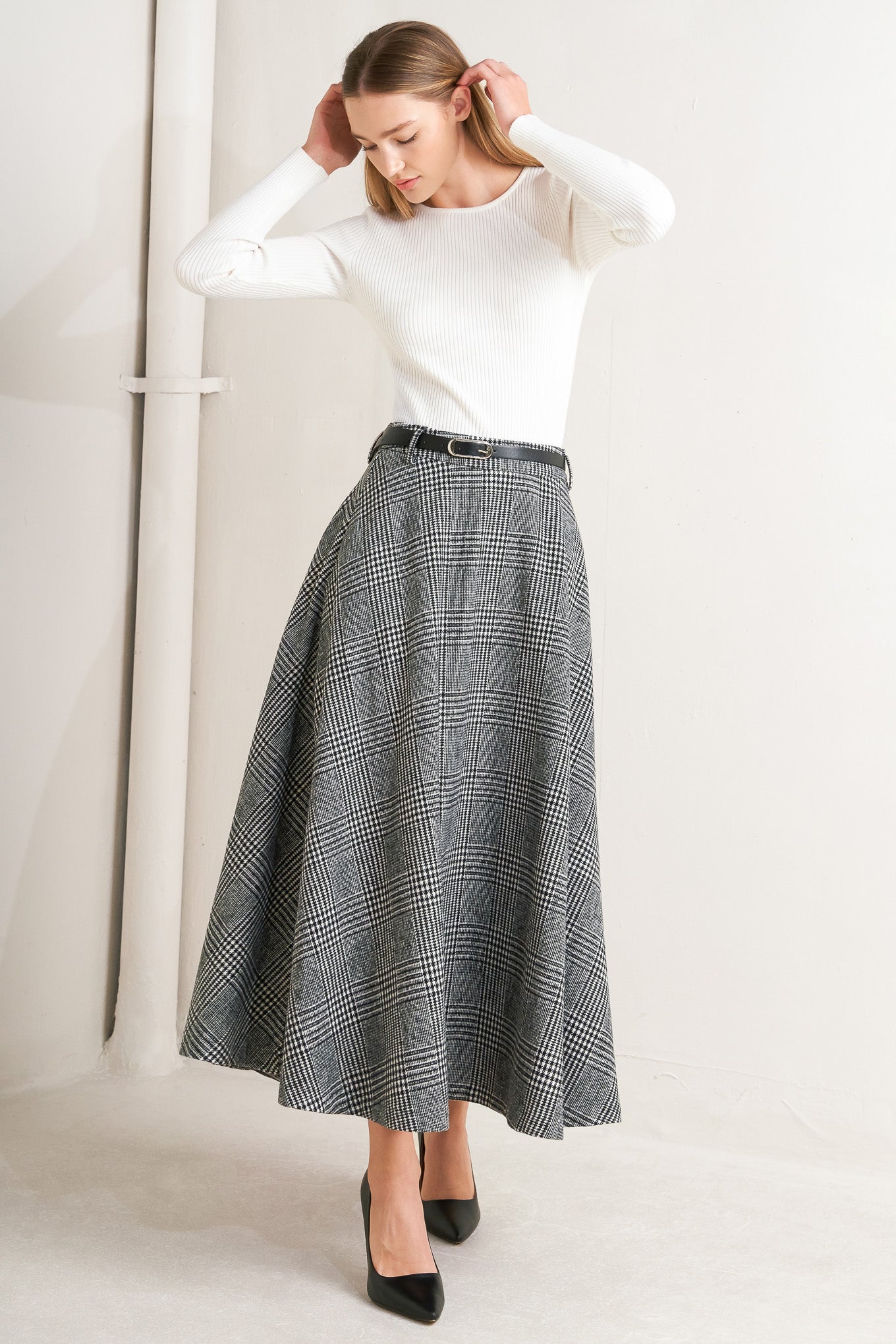 CITY CHECKLINE WOOLEN WOVEN MIDI SKIRT
