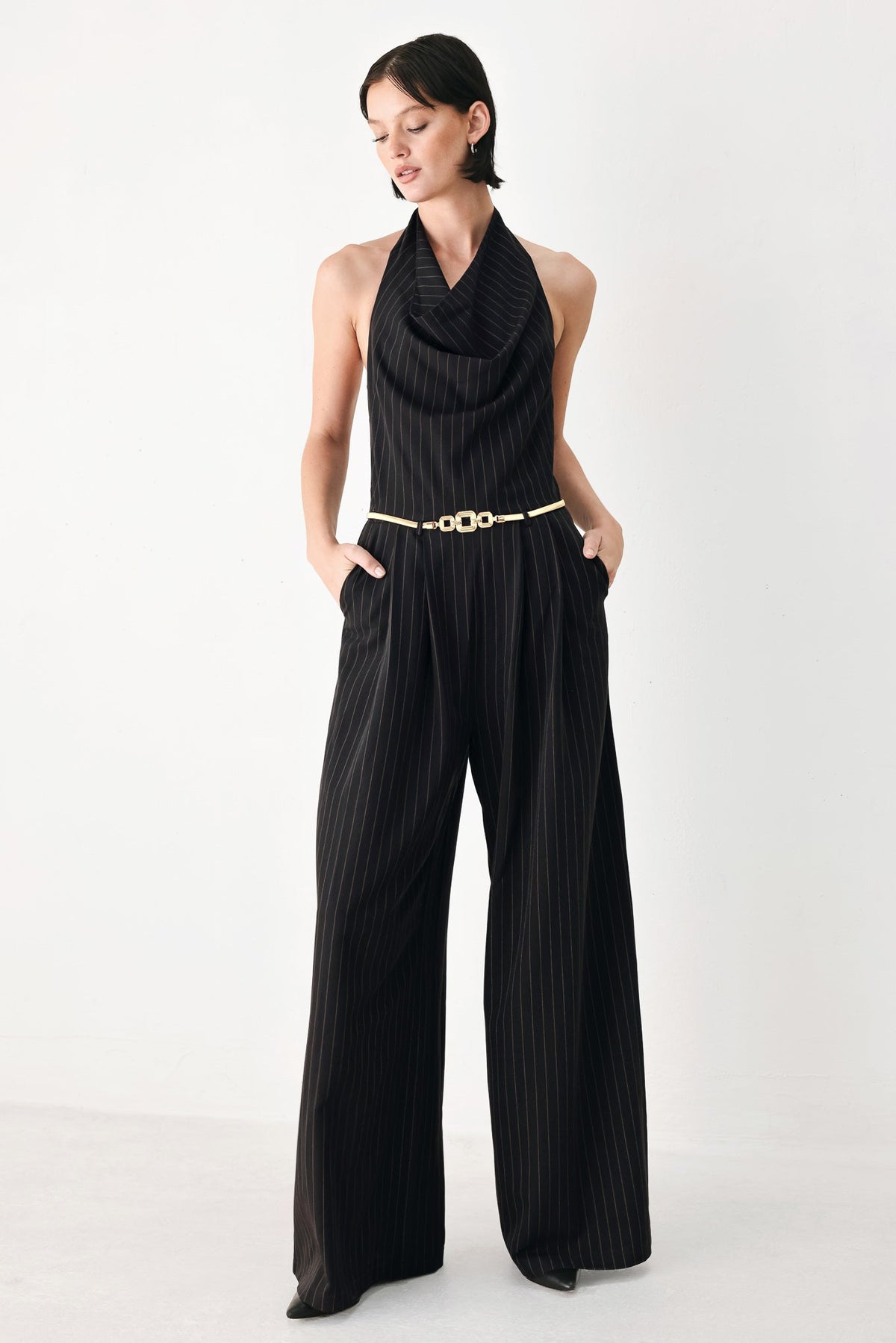 MIDNIGHT POISE BLACK HALTER BELTED WIDE-LEG JUMPSUIT
