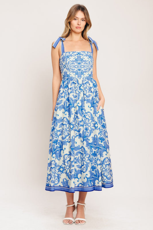 AZURE SCROLL WOVEN MIDI DRESS