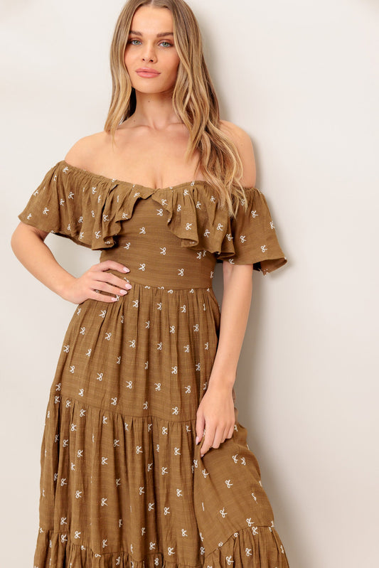 A BELLE AMOUR BROWN WOVEN MIDI DRESS
