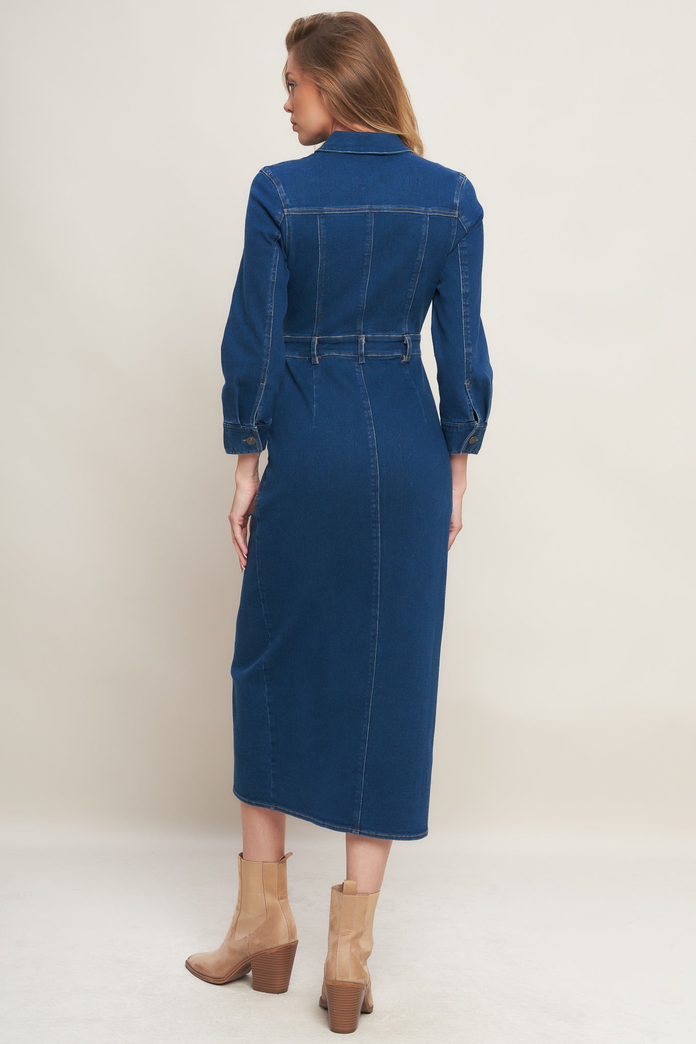 MIDNIGHT DARK INDIGO DENIM MIDI DRESS