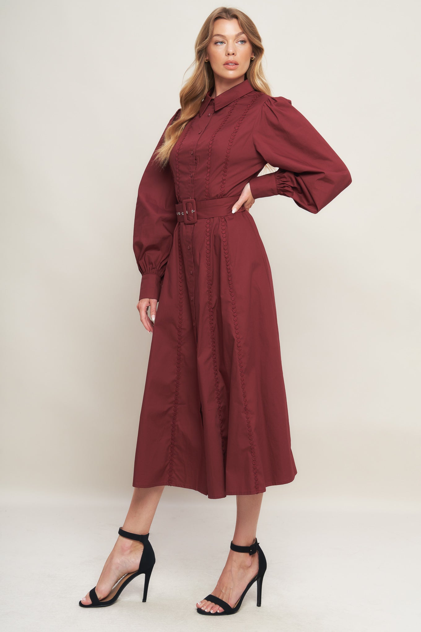 MODERN FEMME BURGUNDY WOVEN MIDI DRESS