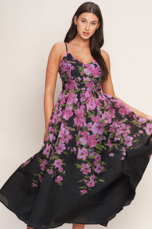 NIGHTFALL BLOSSOM WOVEN MIDI DRESS