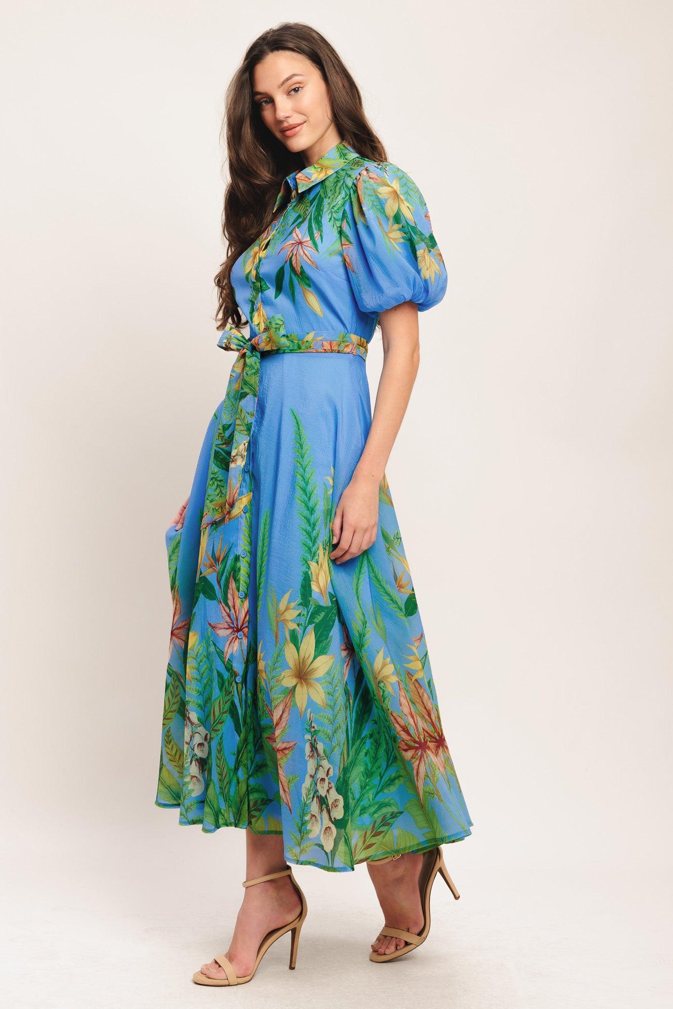 PALM SERENADE BLUE WOVEN MIDI DRESS