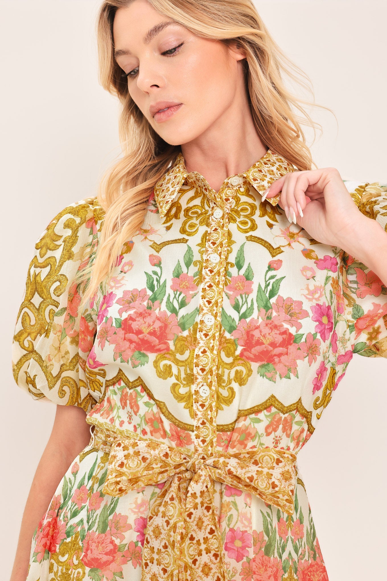 CHATEAU ROSE WOVEN MIDI SHIRT DRESS