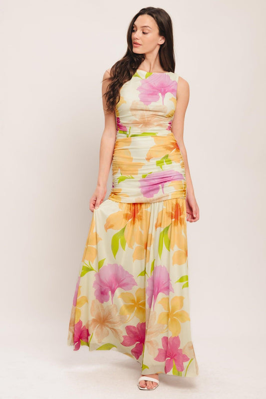 WARM BREEZE BLOOMS POWER MESH MAXI DRESS