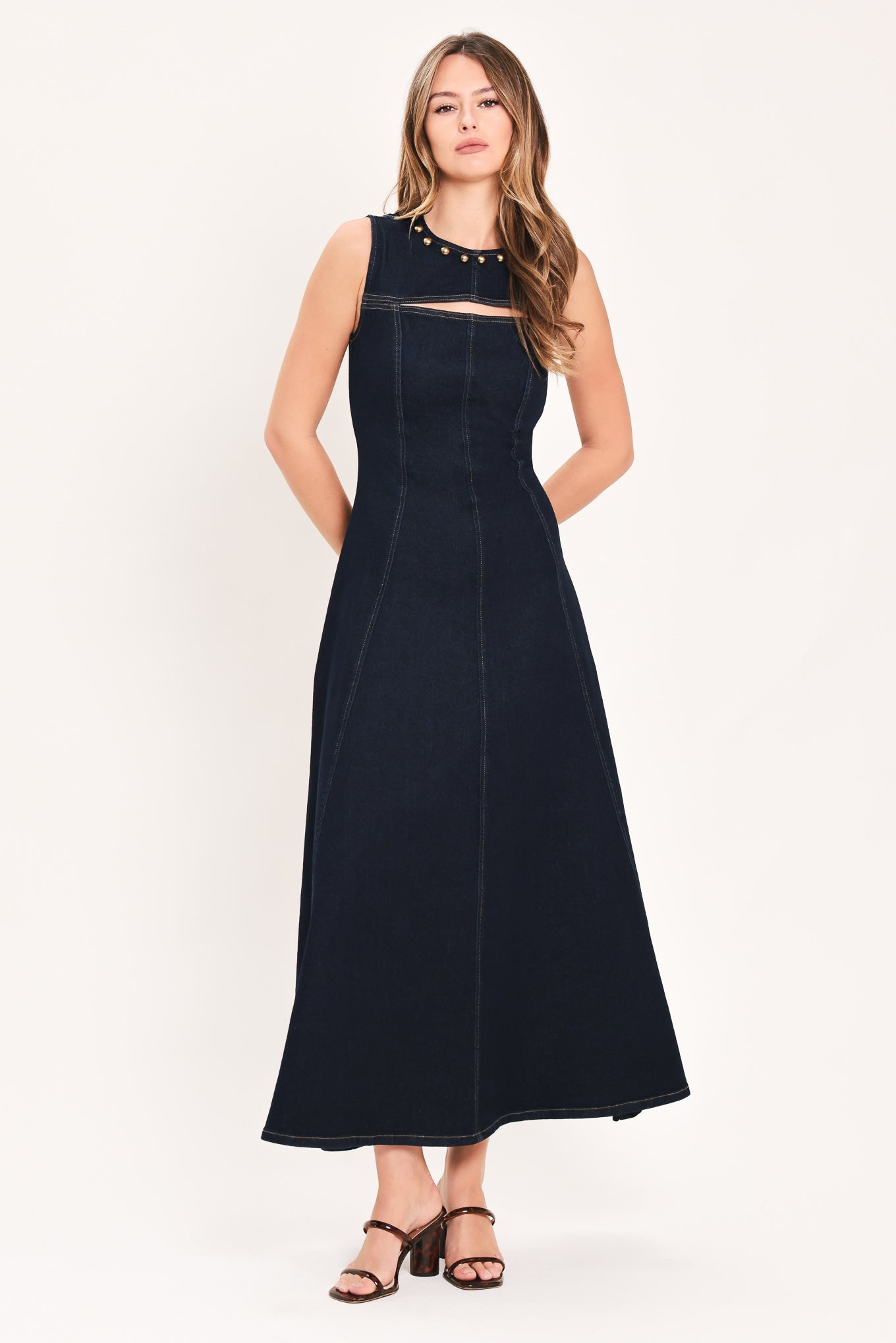 MIDNIGHT GOLDEN SECRET DENIM MAXI DRESS