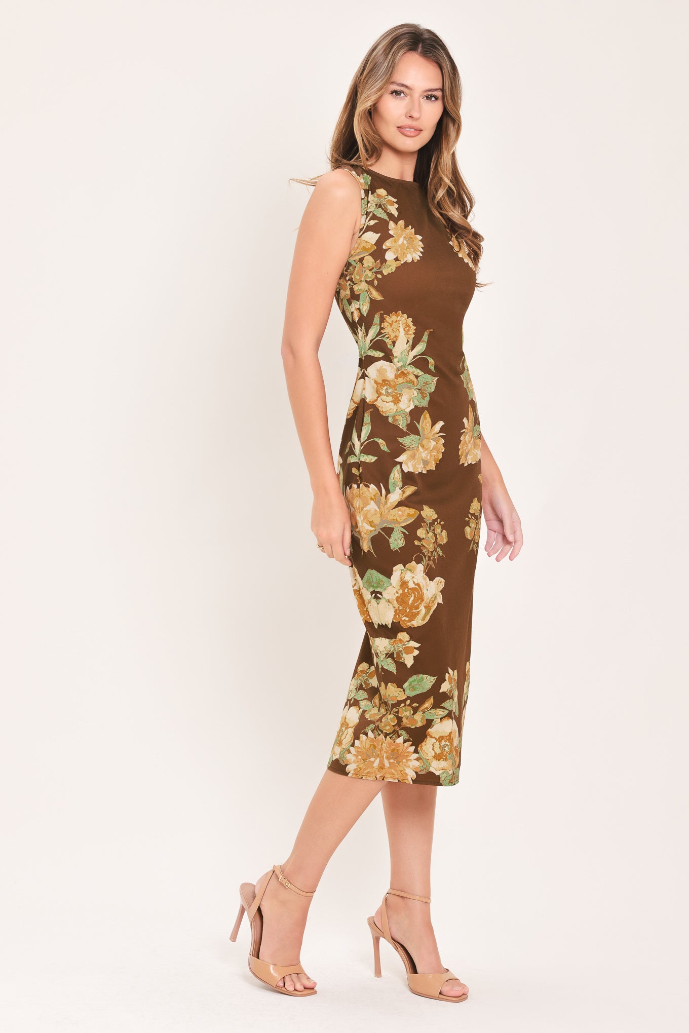 SEPIA FLORA SCULPTURE WOVEN MIDI DRESS