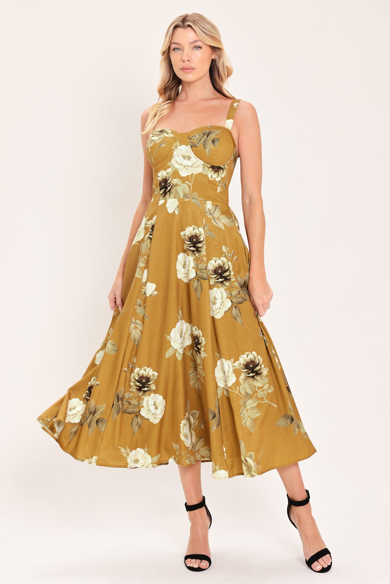 MUSTARD ROSETTE MELODY WOVEN MIDI DRESS