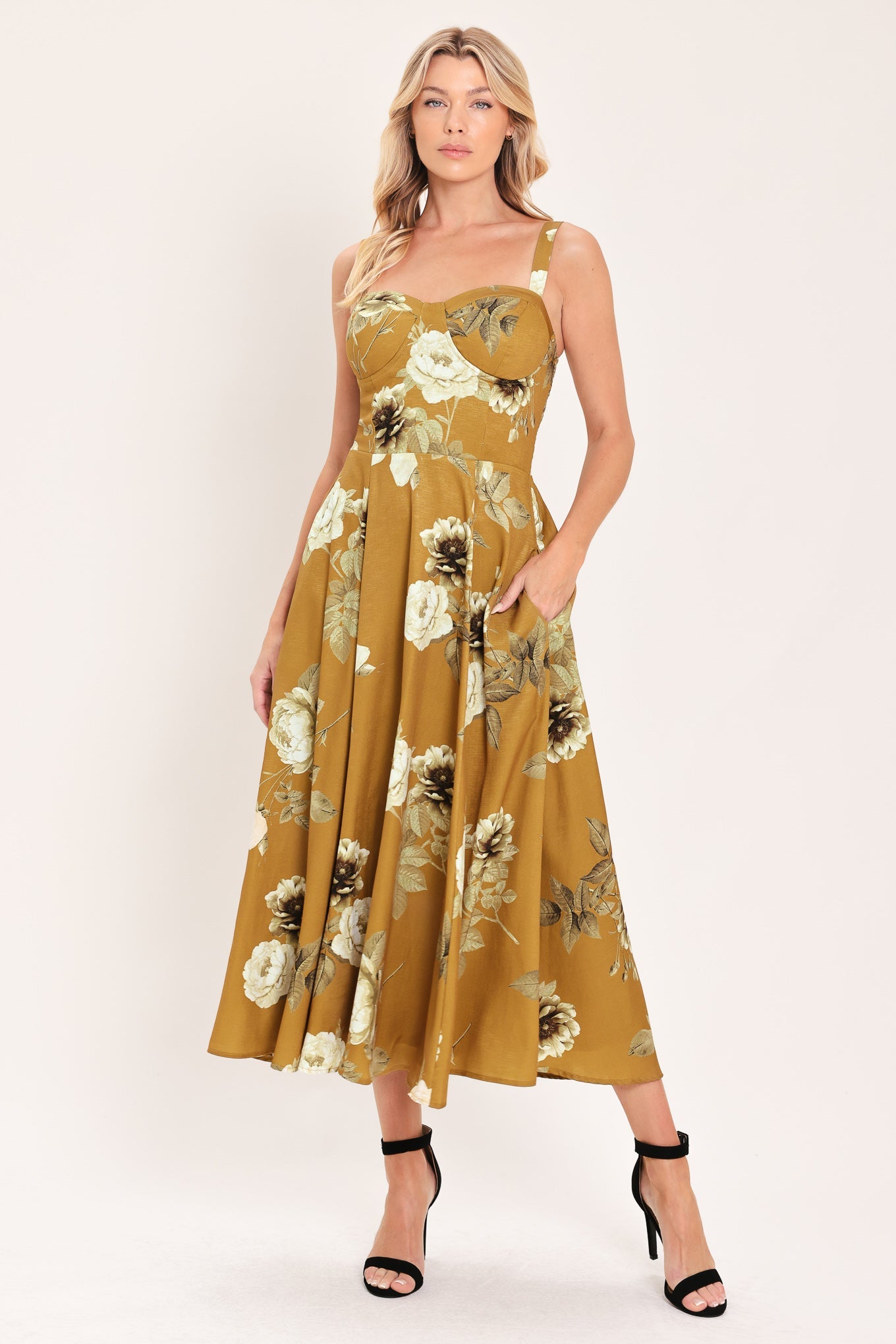 MUSTARD ROSETTE MELODY WOVEN MIDI DRESS