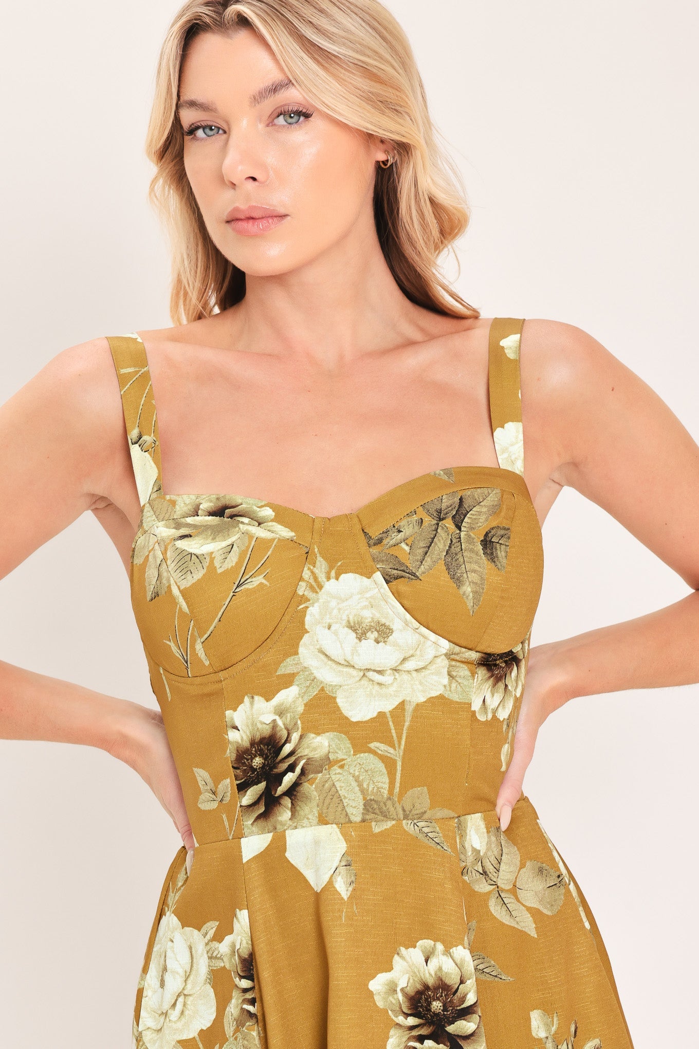 MUSTARD ROSETTE MELODY WOVEN MIDI DRESS