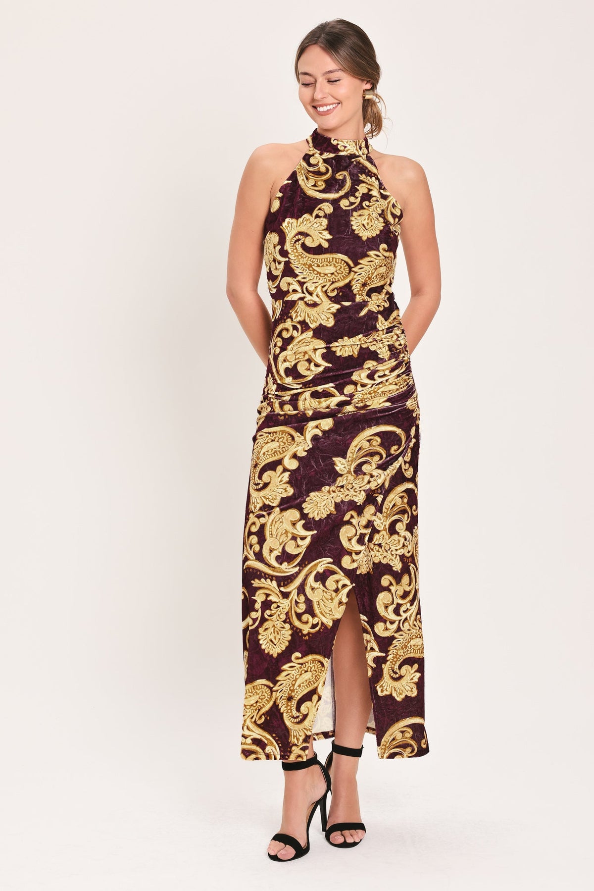 SCARLET SPELL DARK SCARLET PRINTED CRUSHED VELVET HALTER MAXI DRESS