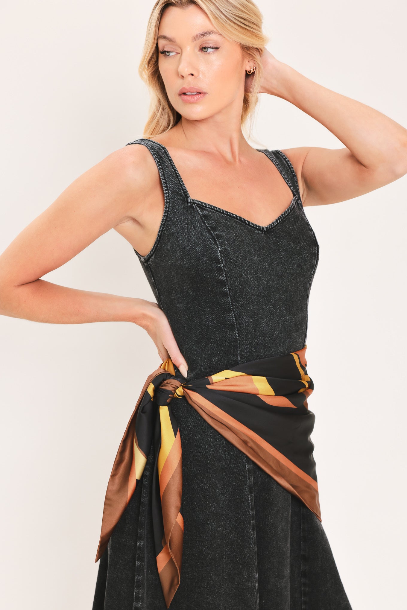 DARKWASH SCARF ELEGANCE DENIM MIDI DRESS